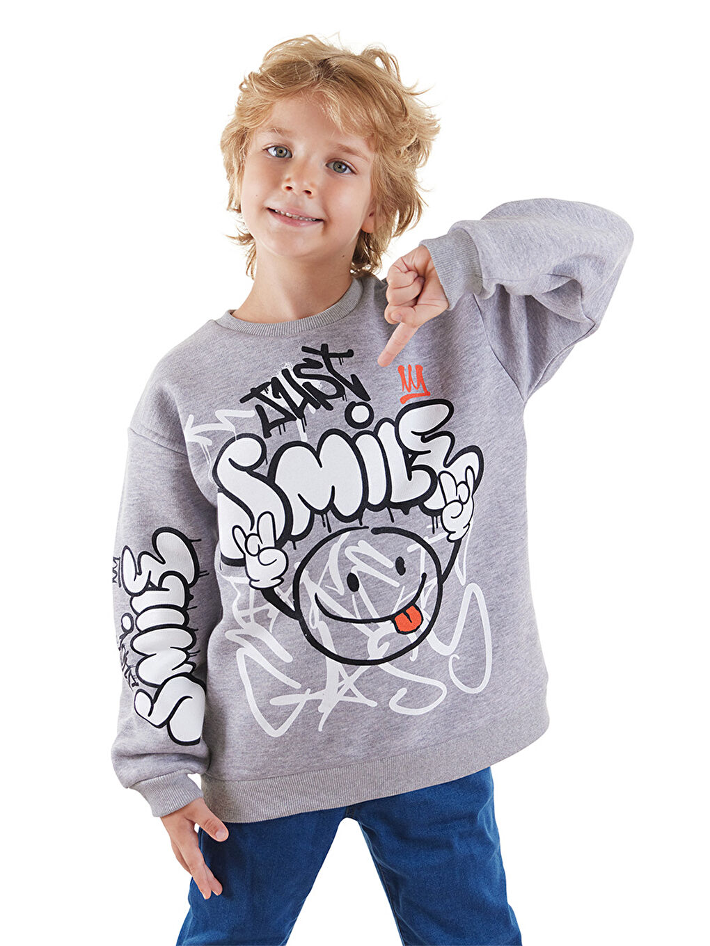 Denokids Gri Just Smile Erkek Çocuk Gri Sweatshirt