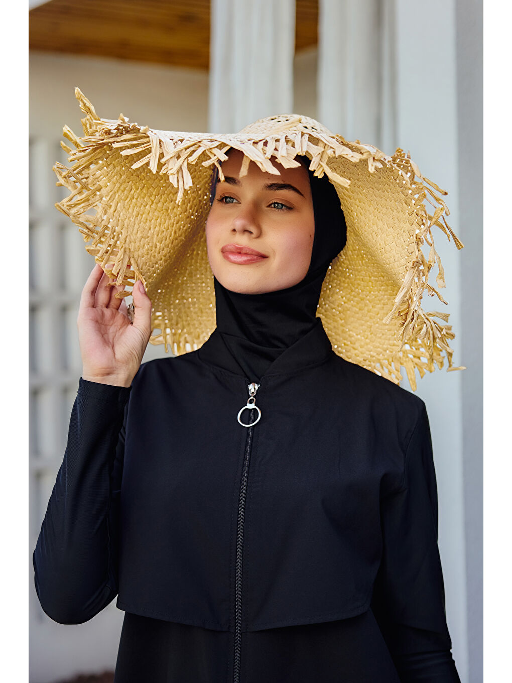 Saçak Detaylı Hasır Plaj Şapkası RŞ-2108 Bej-3