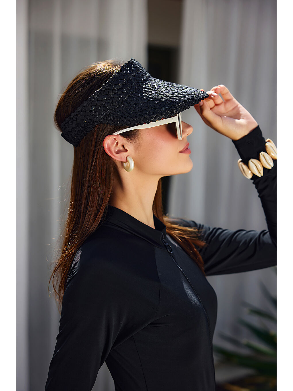 Yılan Derisi Örgü Hasır Vizör Şapka Güneş Koruyucu Siperlik RŞ-2114 Siyah01-1