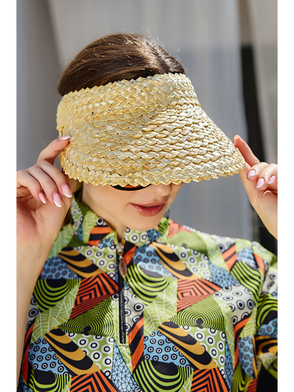 Yılan Derisi Örgü Hasır Vizör Şapka Güneş Koruyucu Siperlik RŞ-2114 Bej01-2