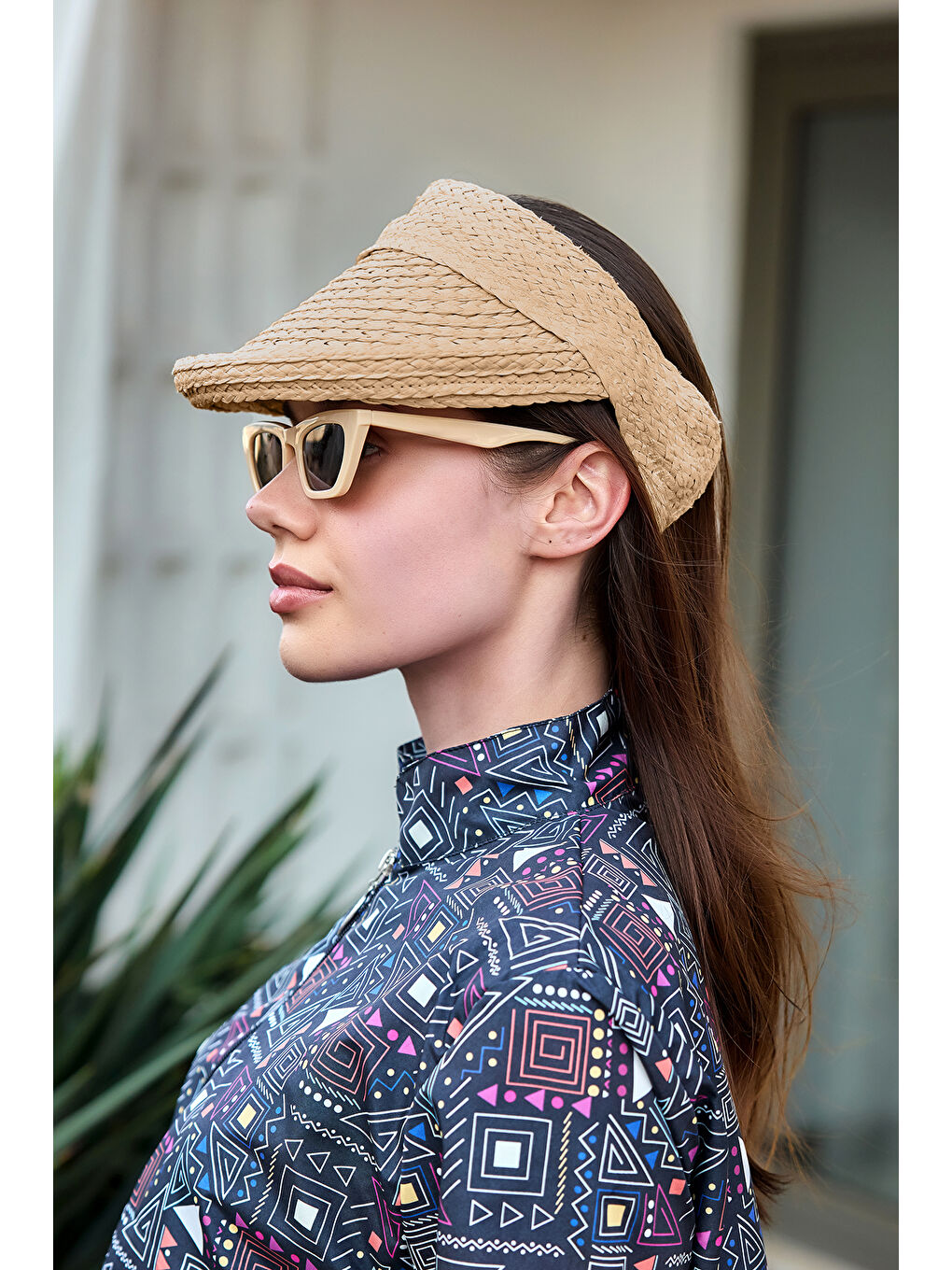 Kahverengi Önü Katlama Detaylı Vizör Hasır Şapka Güneş Koruyucu Siperlik RŞ-2113 Camel01-3