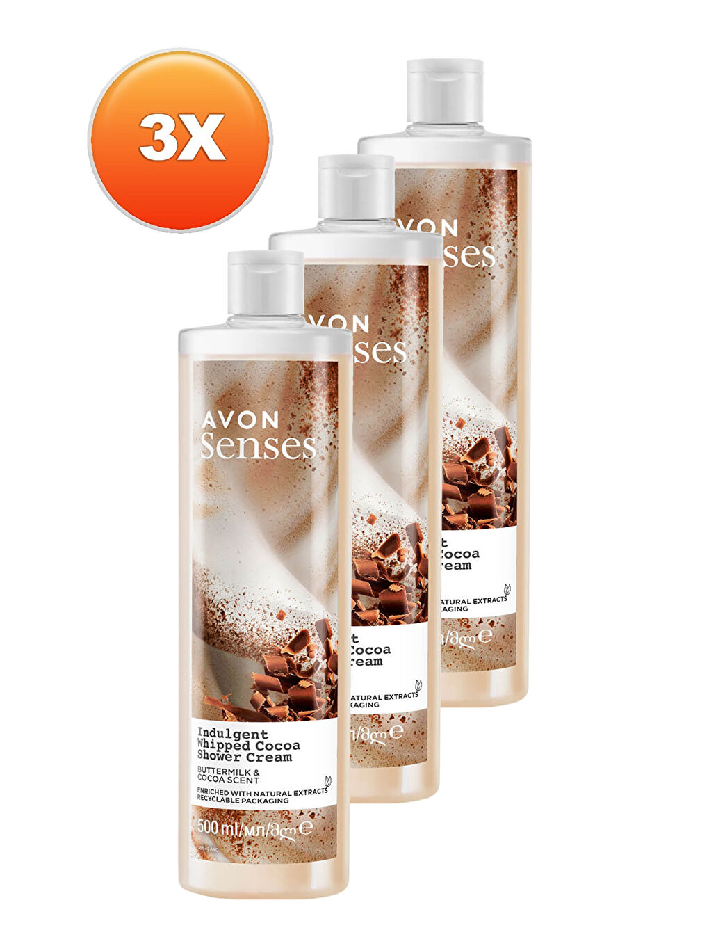 AVON Renksiz Senses Indulgent ButterMilk ve Kakao Özü İçeren Duş Kremi 500 Ml. Üçlü Set - 1