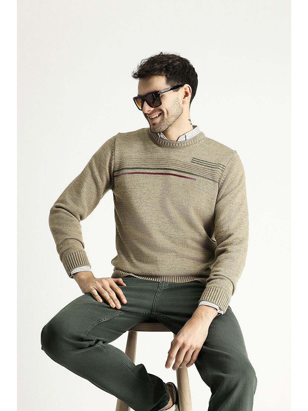 Bej Bisiklet Yaka Regular Fit Desenli Triko Kazak