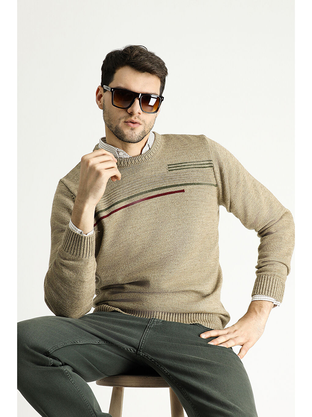 Bej Bisiklet Yaka Regular Fit Desenli Triko Kazak-1