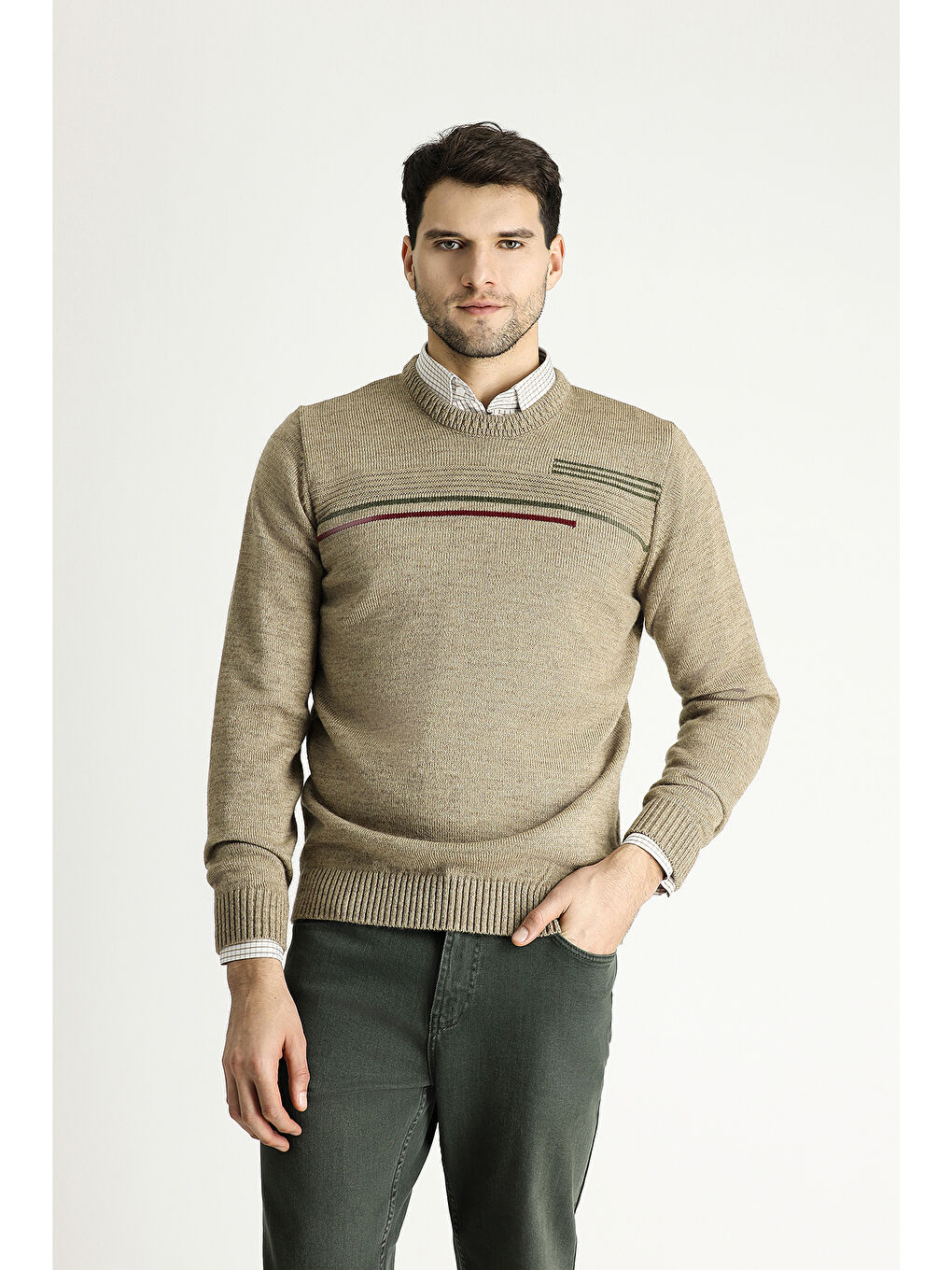 Bej Bisiklet Yaka Regular Fit Desenli Triko Kazak-2