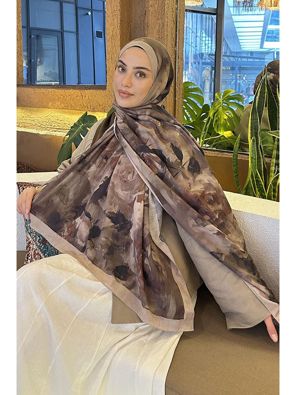 Bej Gül Desen Bambu Şal Vizon Yeşil-1