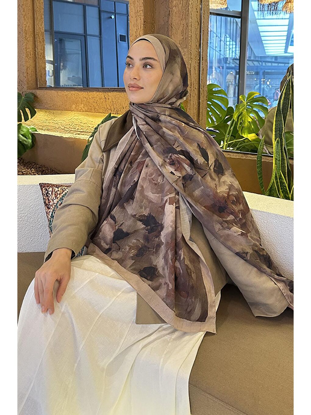 Bej Gül Desen Bambu Şal Vizon Yeşil-2