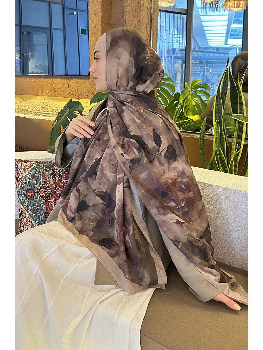 Bej Gül Desen Bambu Şal Vizon Yeşil-3