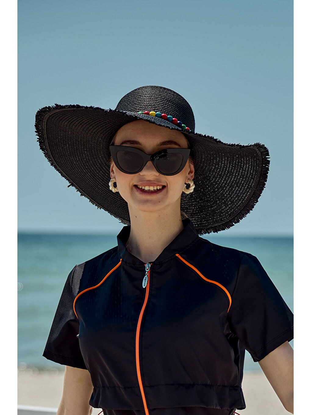 Renkli Boncuk Detaylı Hasır Plaj Şapkası RŞ-2087 Siyah-4