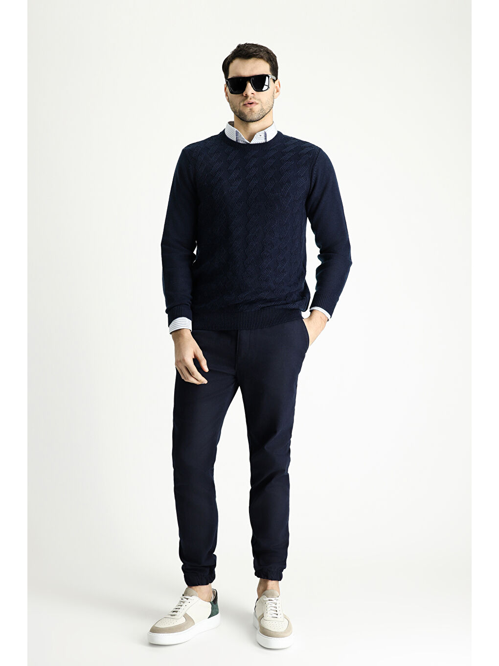 Lacivert Bisiklet Yaka Slim Fit Dar Kesim Desenli Triko Kazak-1