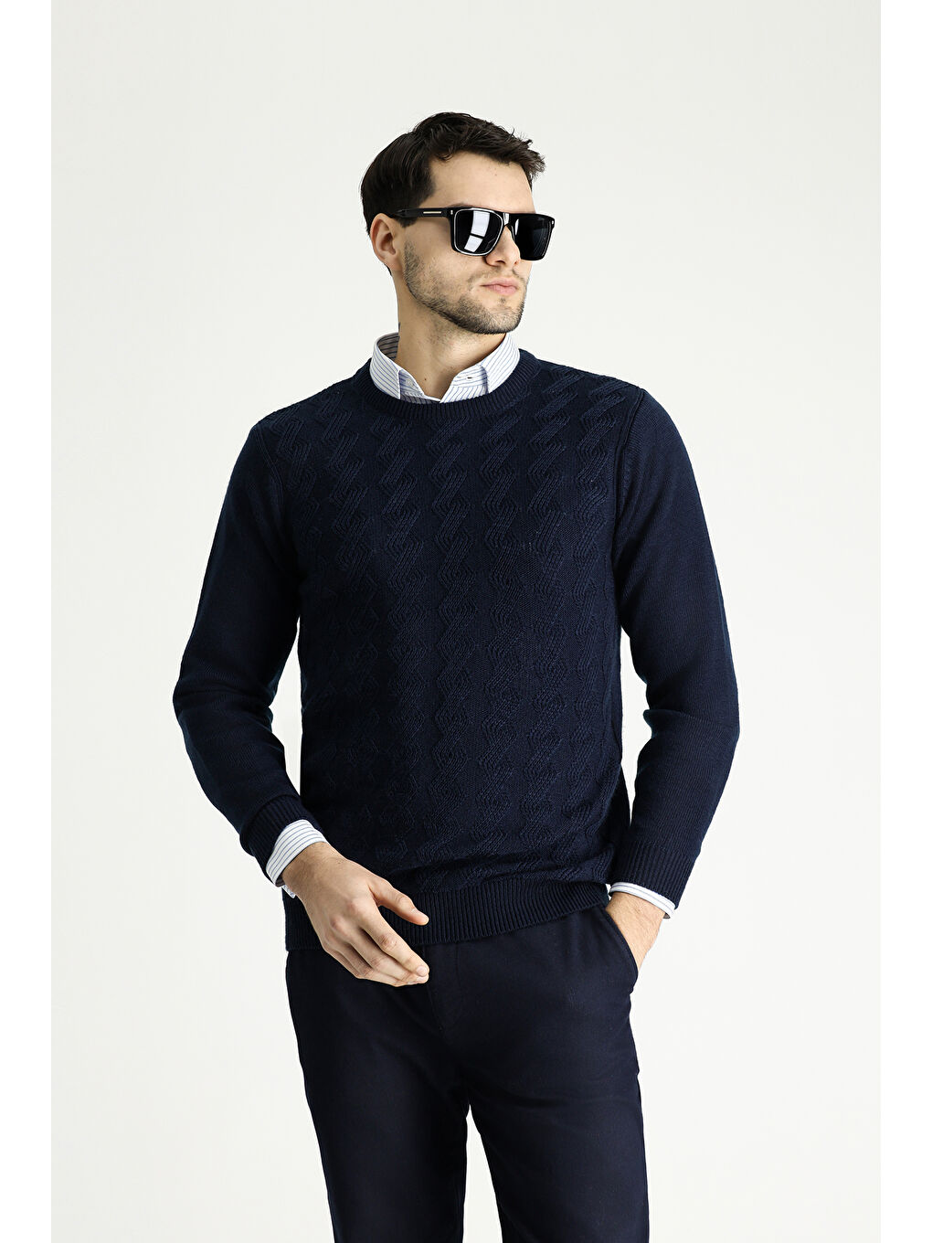 Lacivert Bisiklet Yaka Slim Fit Dar Kesim Desenli Triko Kazak-2