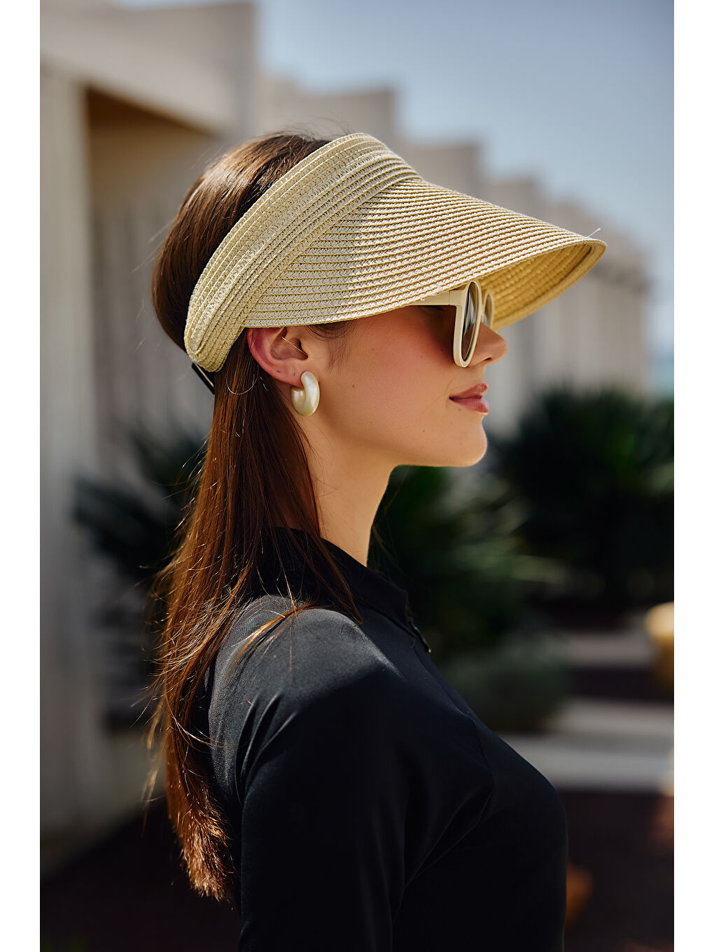 Ayarlanabilir Lastikli Vizör Hasır Şapka Güneş Koruyucu Siperlik RŞ-2089 Bej-1