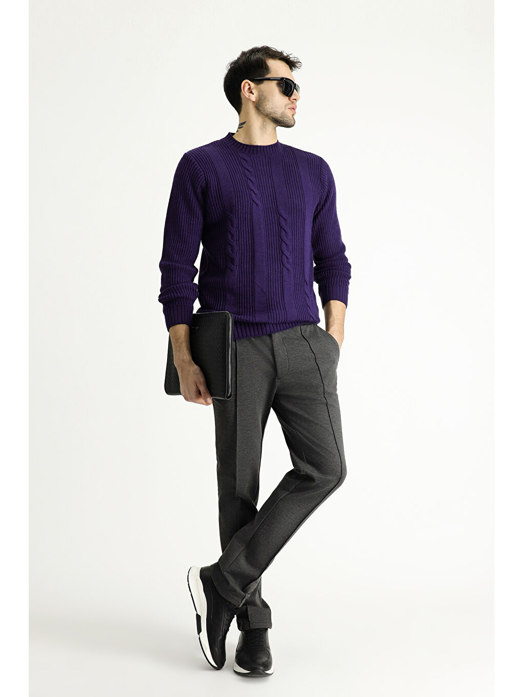 Mor Bisiklet Yaka Slim Fit Dar Kesim Desenli Triko Büyük Beden Kazak-1