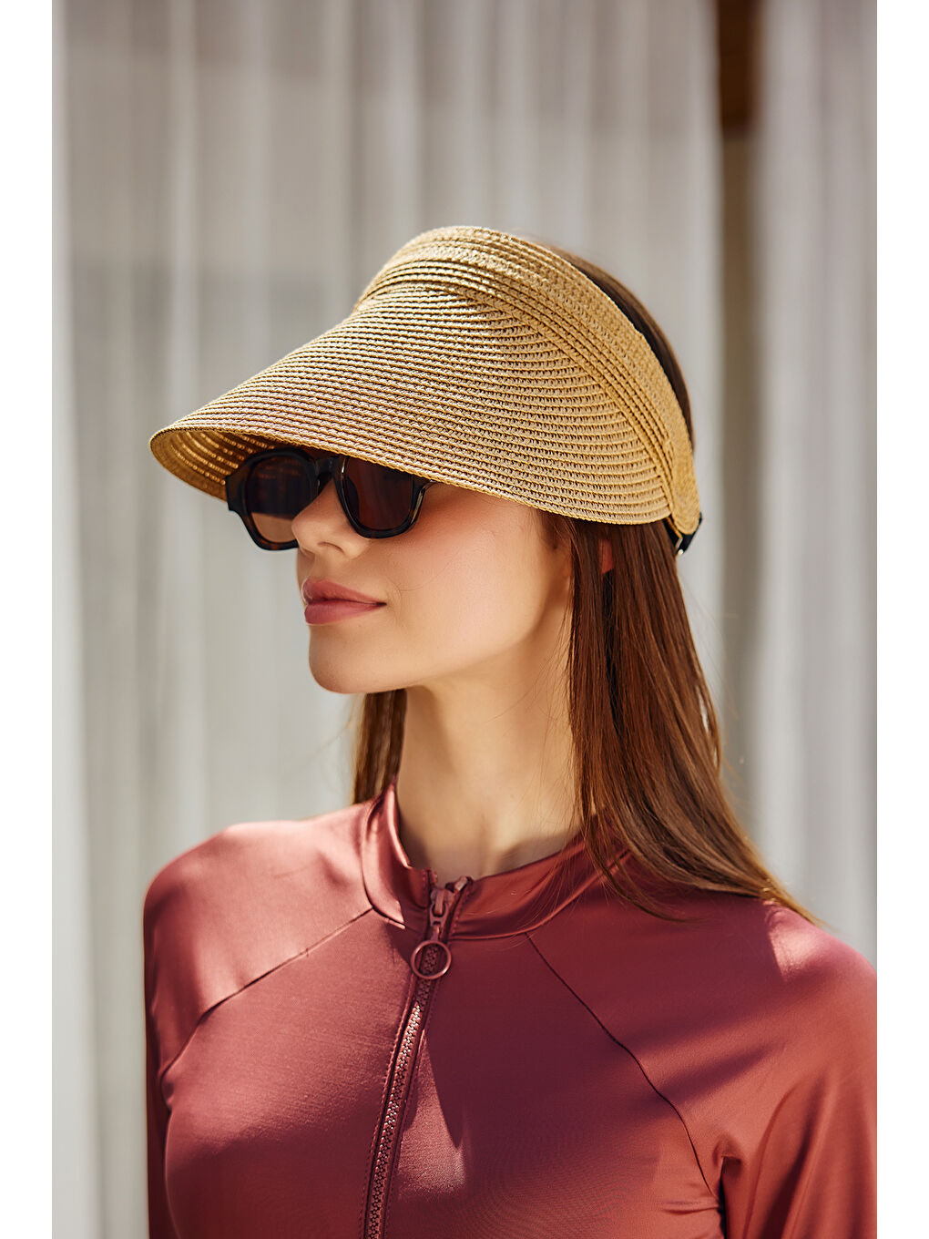 Kahverengi Ayarlanabilir Lastikli Vizör Hasır Şapka Güneş Koruyucu Siperlik RŞ-2089 Camel01