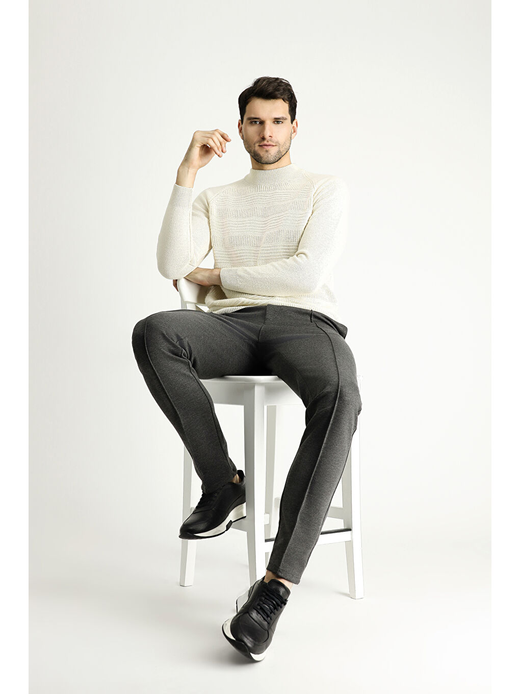 Ekru Bato Yaka Slim Fit Dar Kesim Desenli Yünlü Triko Kazak-2