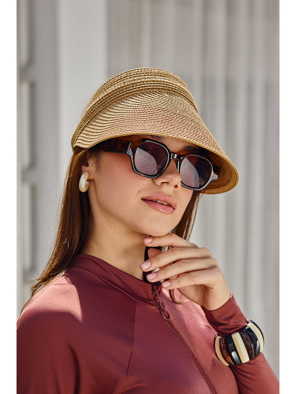 Kahverengi Ayarlanabilir Lastikli Vizör Hasır Şapka Güneş Koruyucu Siperlik RŞ-2089 Camel01-1