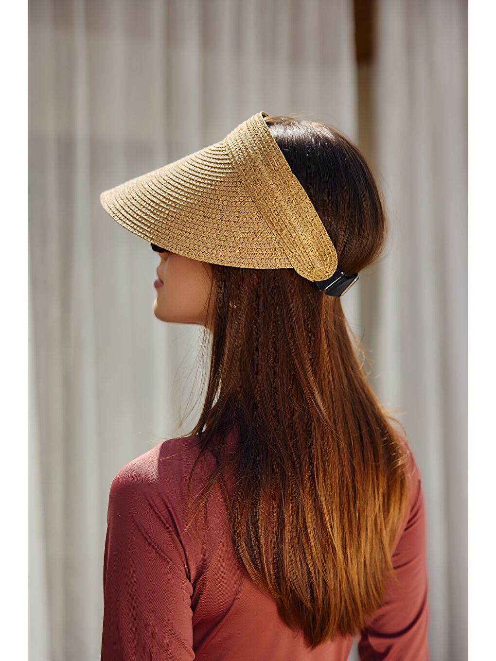 Kahverengi Ayarlanabilir Lastikli Vizör Hasır Şapka Güneş Koruyucu Siperlik RŞ-2089 Camel01-2