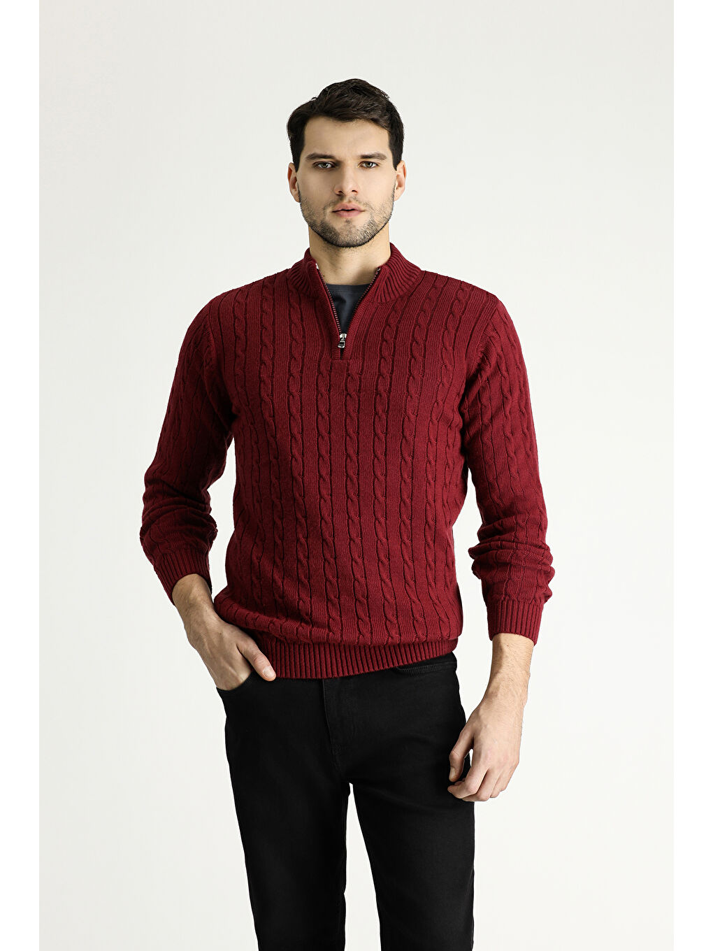 Bordo Bato Yaka Regular Fit Fermuarlı Desenli Triko Büyük Beden Kazak-1