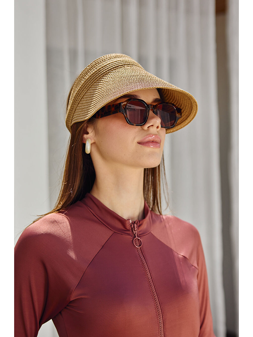 Kahverengi Ayarlanabilir Lastikli Vizör Hasır Şapka Güneş Koruyucu Siperlik RŞ-2089 Camel01-4