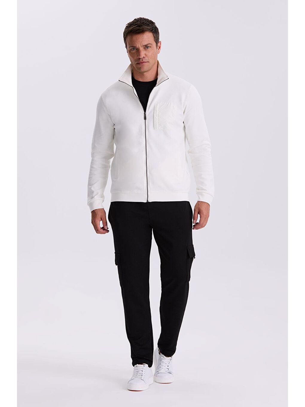 Ekru Slim Fit Fermuarlı Pamuklu Elastanlı Eşofman Üstü