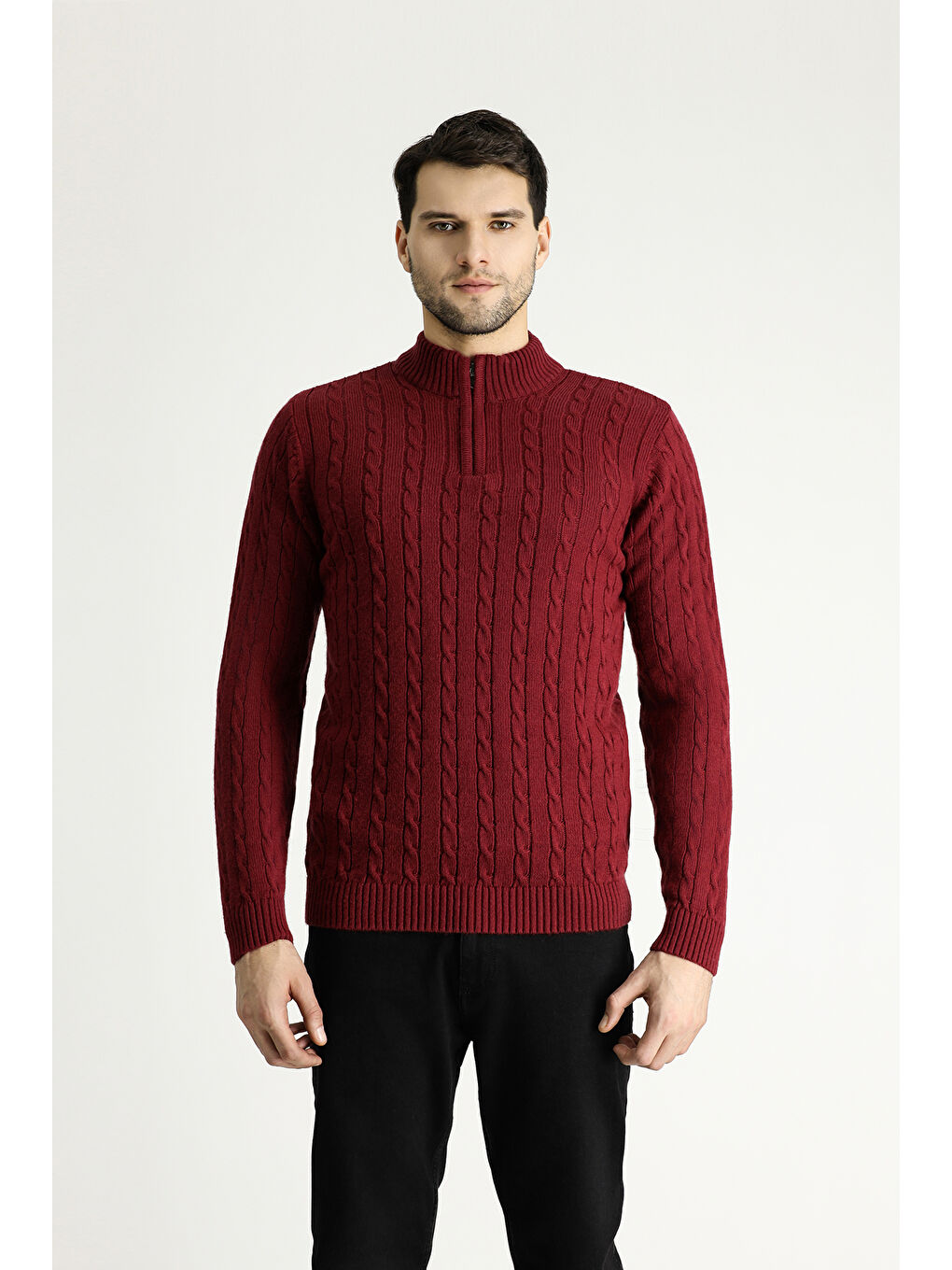 Bordo Bato Yaka Regular Fit Fermuarlı Desenli Triko Büyük Beden Kazak-2