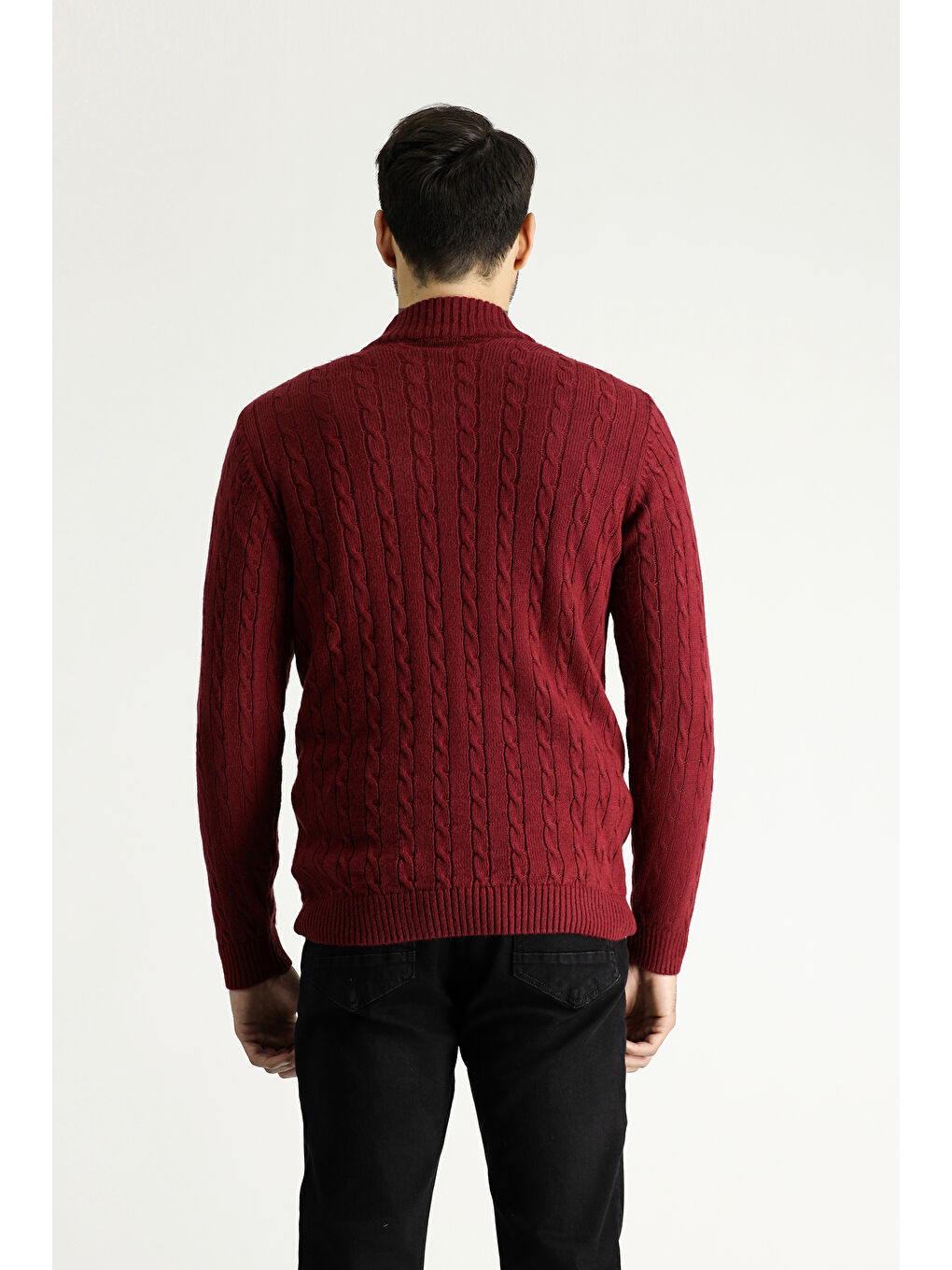 Bordo Bato Yaka Regular Fit Fermuarlı Desenli Triko Büyük Beden Kazak-3