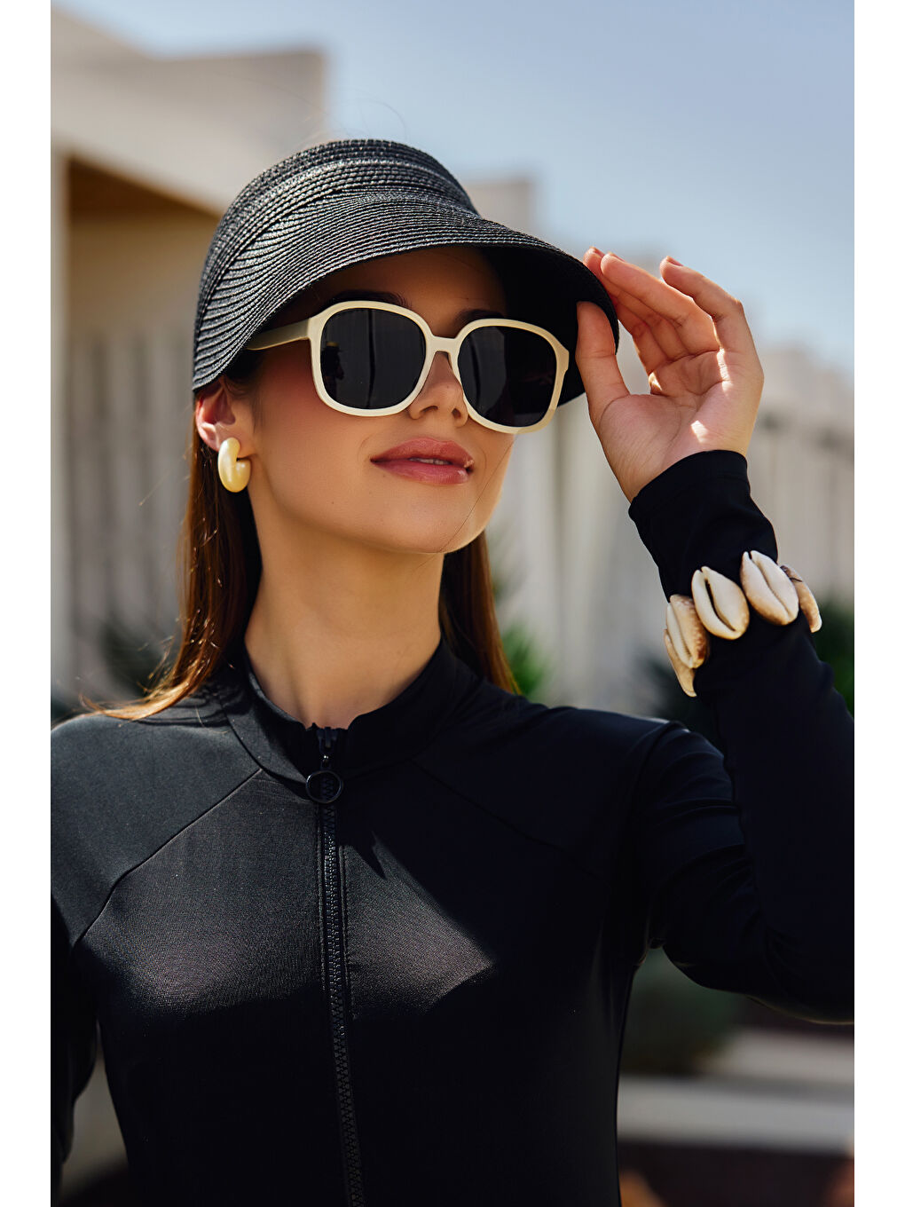 Ayarlanabilir Lastikli Vizör Hasır Şapka Güneş Koruyucu Siperlik RŞ-2089 Siyah-1