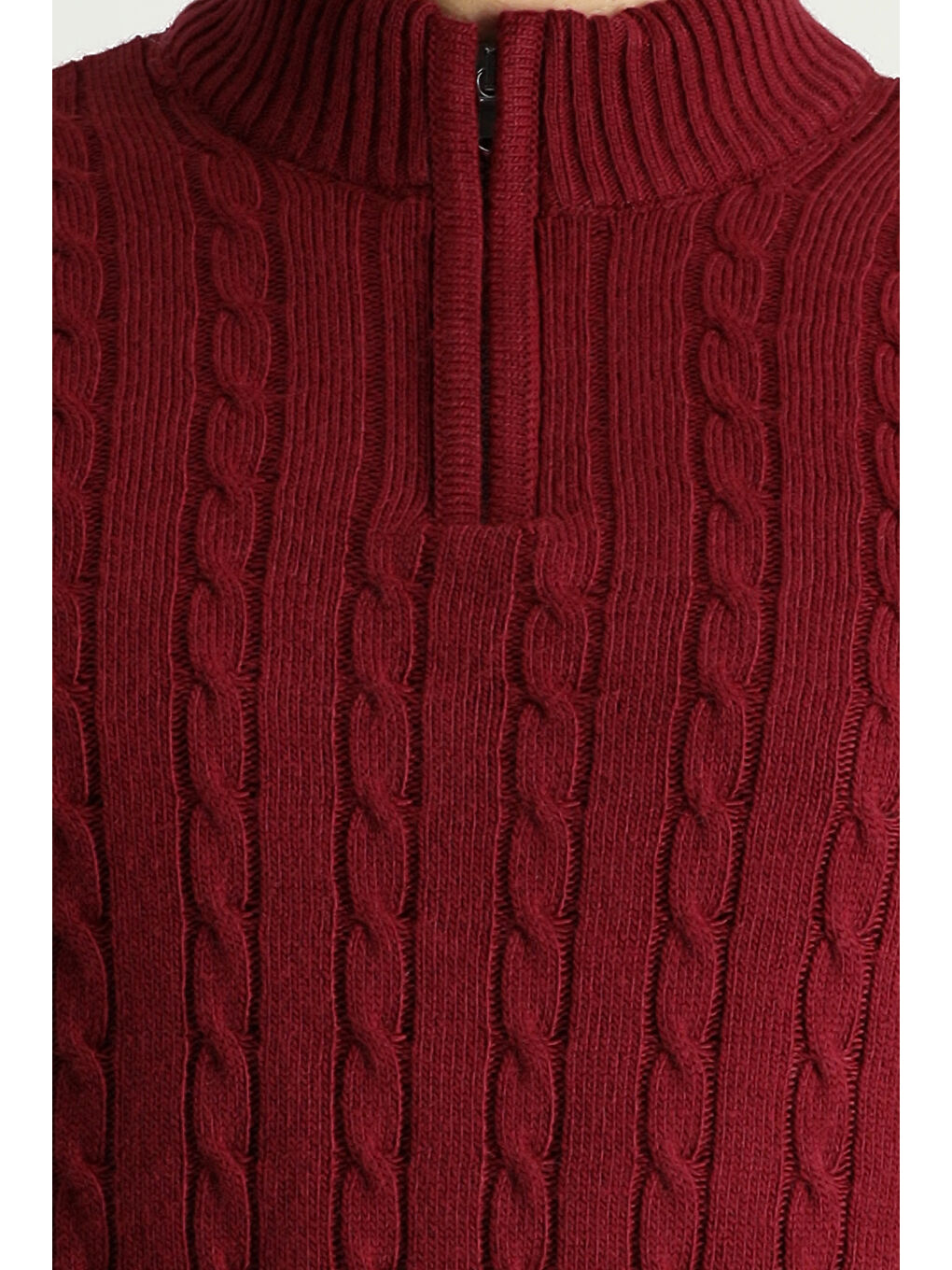 Bordo Bato Yaka Regular Fit Fermuarlı Desenli Triko Büyük Beden Kazak-4