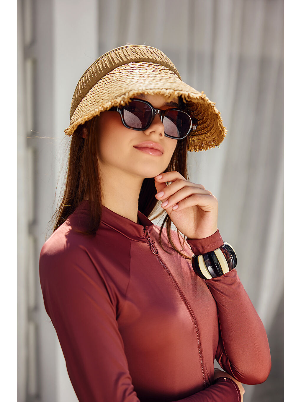 Bej Saçak Detaylı Vizör Hasır Şapka Güneş Koruyucu Siperlik RŞ-2110 Vizon