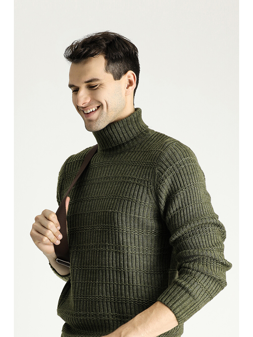 Haki Balıkçı Yaka Slim Fit Dar Kesim Desenli Triko Kazak-1