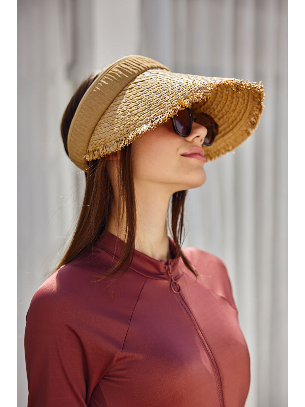 Bej Saçak Detaylı Vizör Hasır Şapka Güneş Koruyucu Siperlik RŞ-2110 Vizon-1