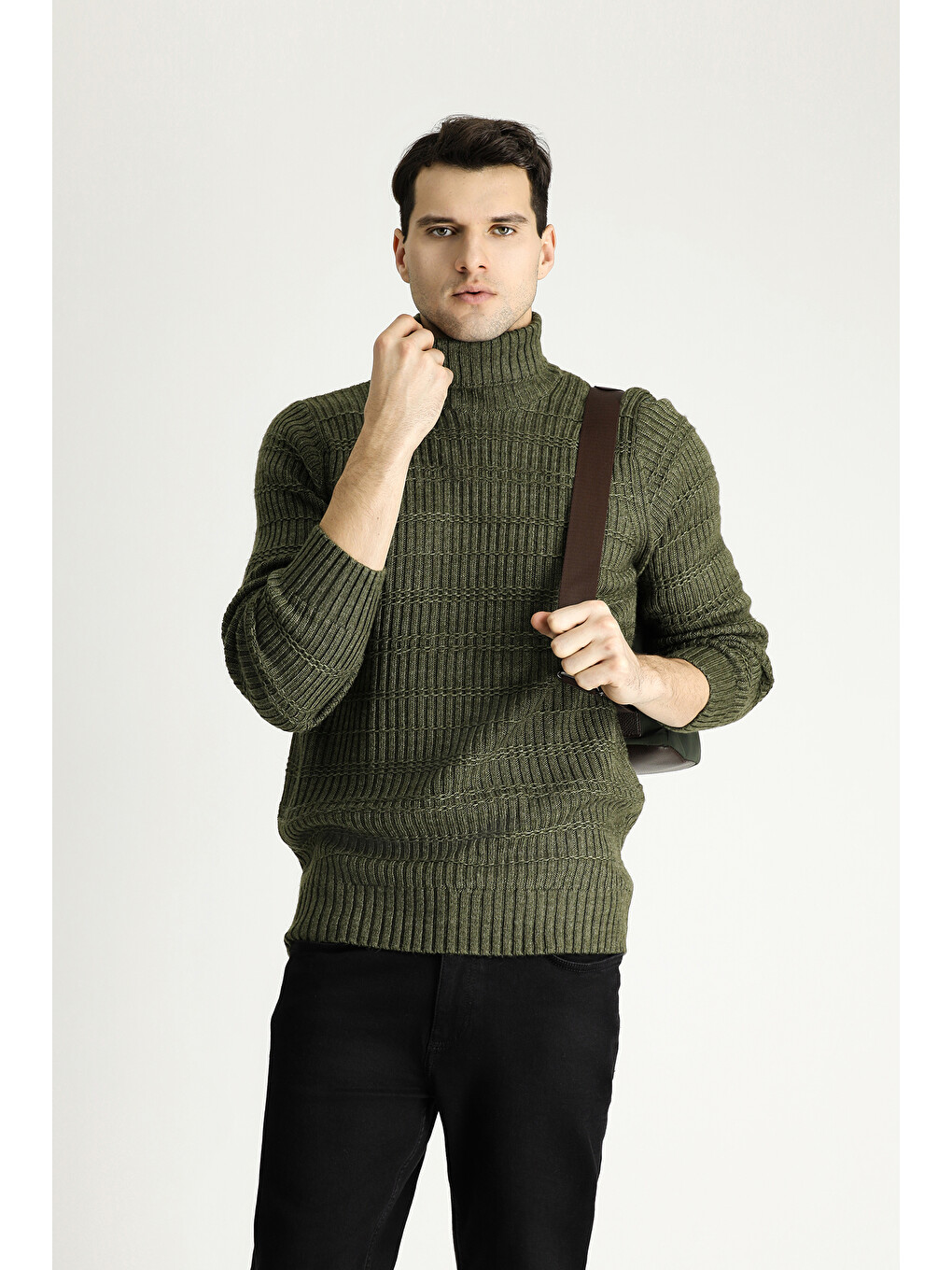 Haki Balıkçı Yaka Slim Fit Dar Kesim Desenli Triko Kazak-2
