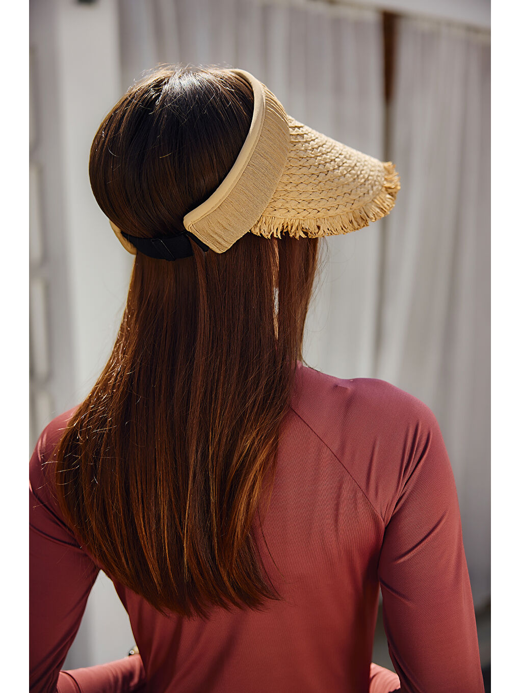 Bej Saçak Detaylı Vizör Hasır Şapka Güneş Koruyucu Siperlik RŞ-2110 Vizon-3