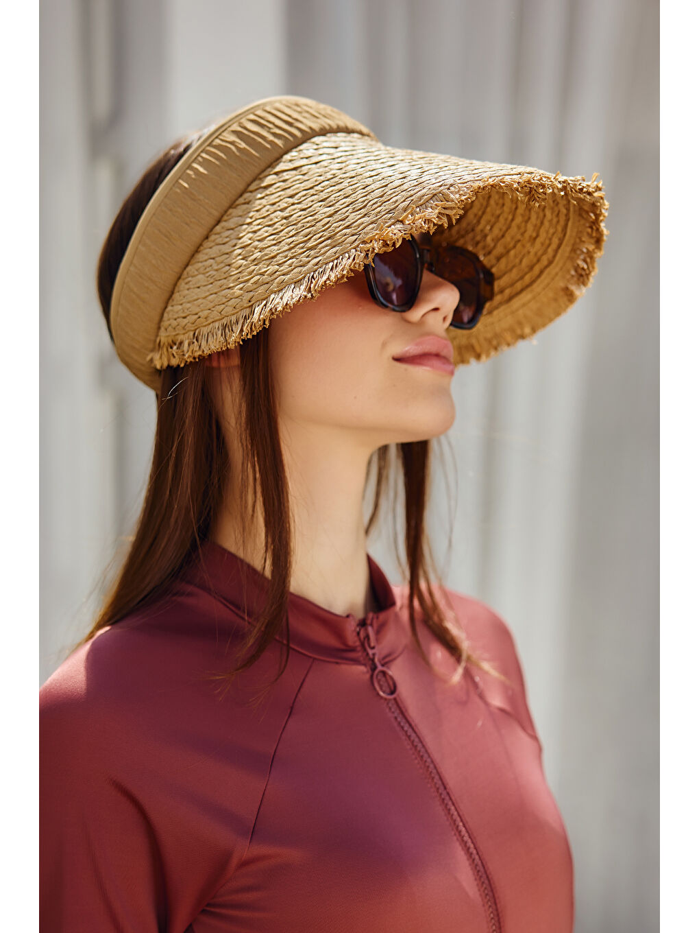 Bej Saçak Detaylı Vizör Hasır Şapka Güneş Koruyucu Siperlik RŞ-2110 Vizon-4