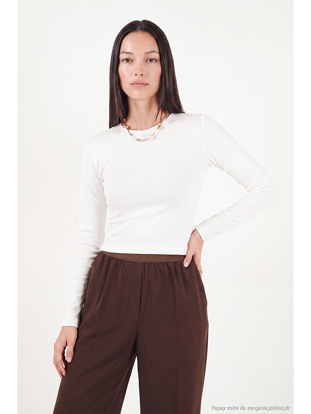 Ekru Pamuklu Bisiklet Yaka Crop Bluz 5867060-2
