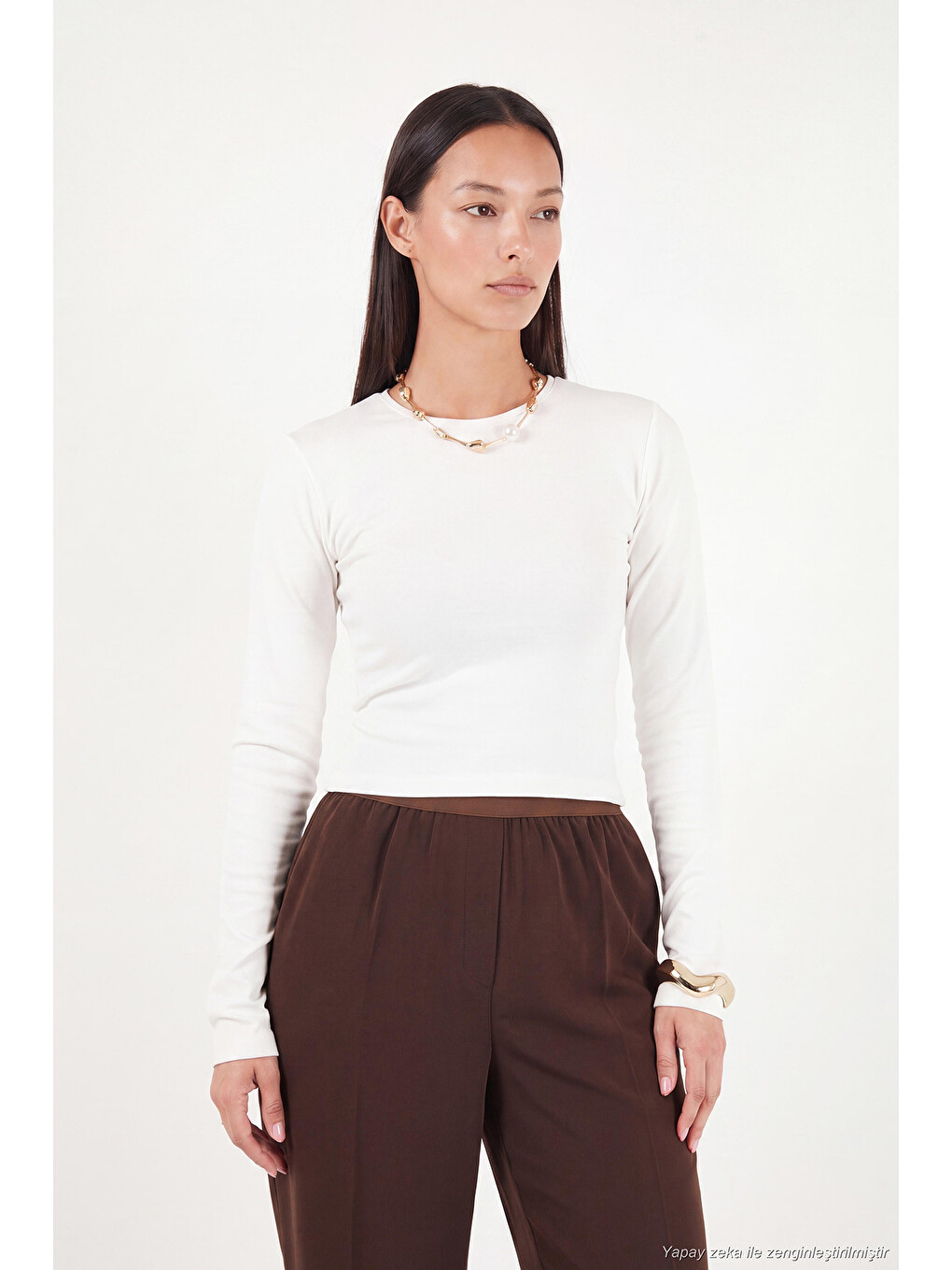 Ekru Pamuklu Bisiklet Yaka Crop Bluz 5867060-3