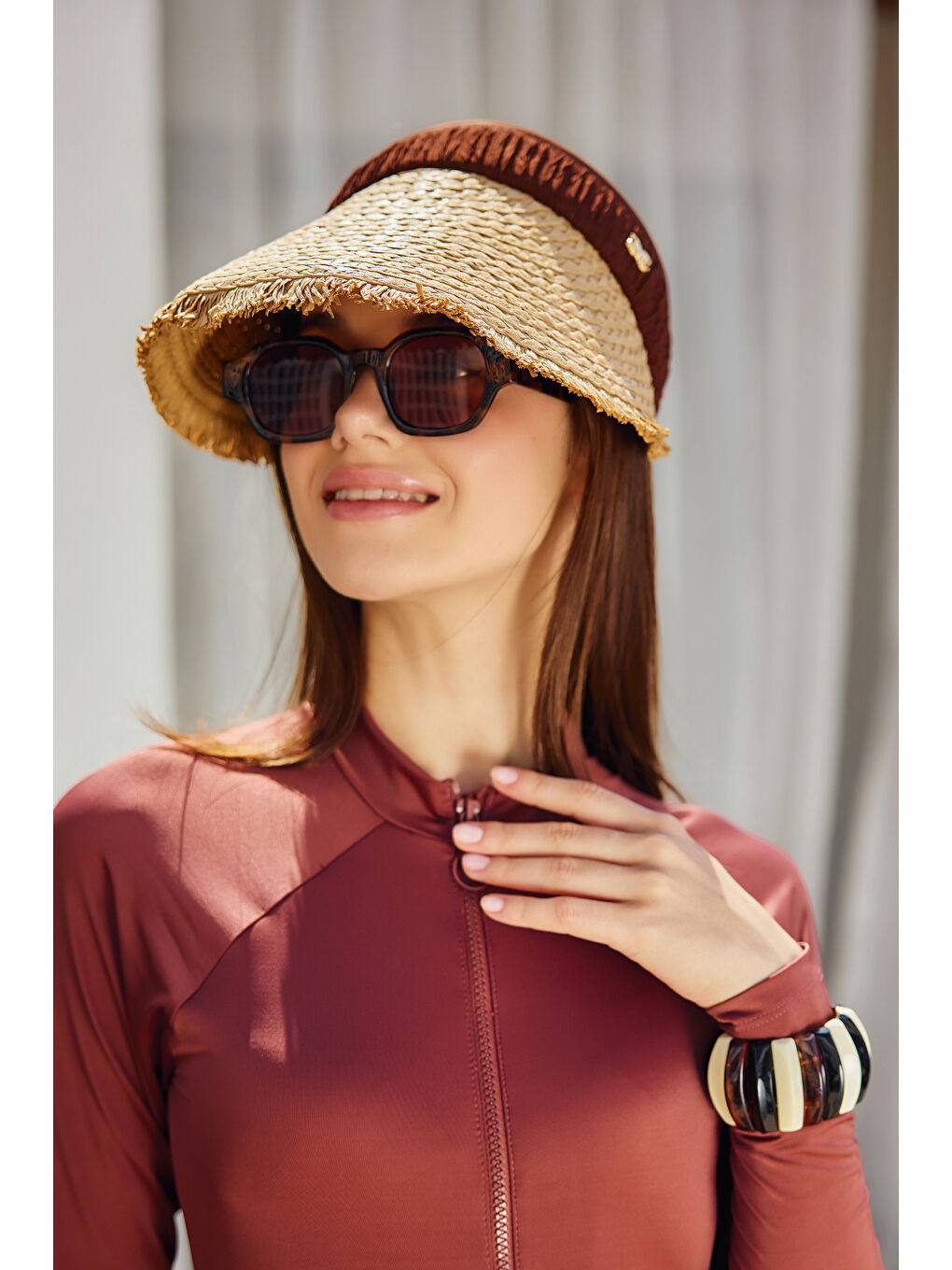 Saçak Detaylı Vizör Hasır Şapka Güneş Koruyucu Siperlik RŞ-2110 Kahverengi