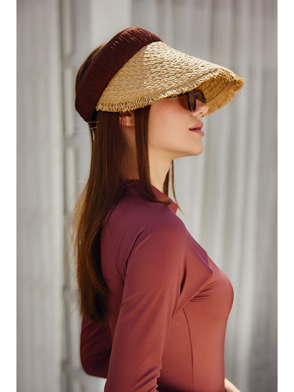 Saçak Detaylı Vizör Hasır Şapka Güneş Koruyucu Siperlik RŞ-2110 Kahverengi-2