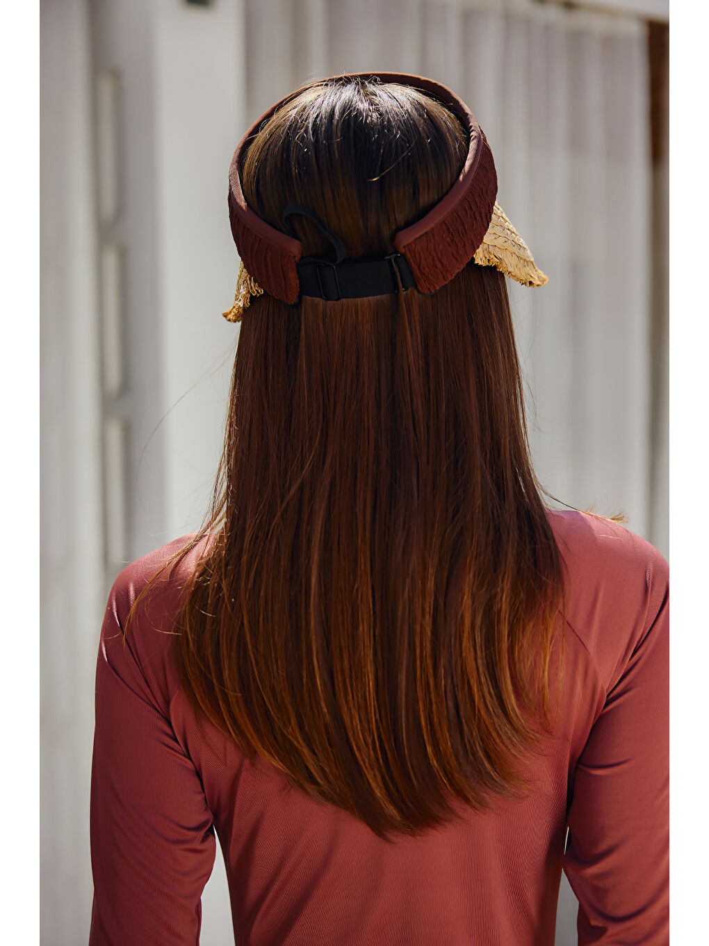 Saçak Detaylı Vizör Hasır Şapka Güneş Koruyucu Siperlik RŞ-2110 Kahverengi-3