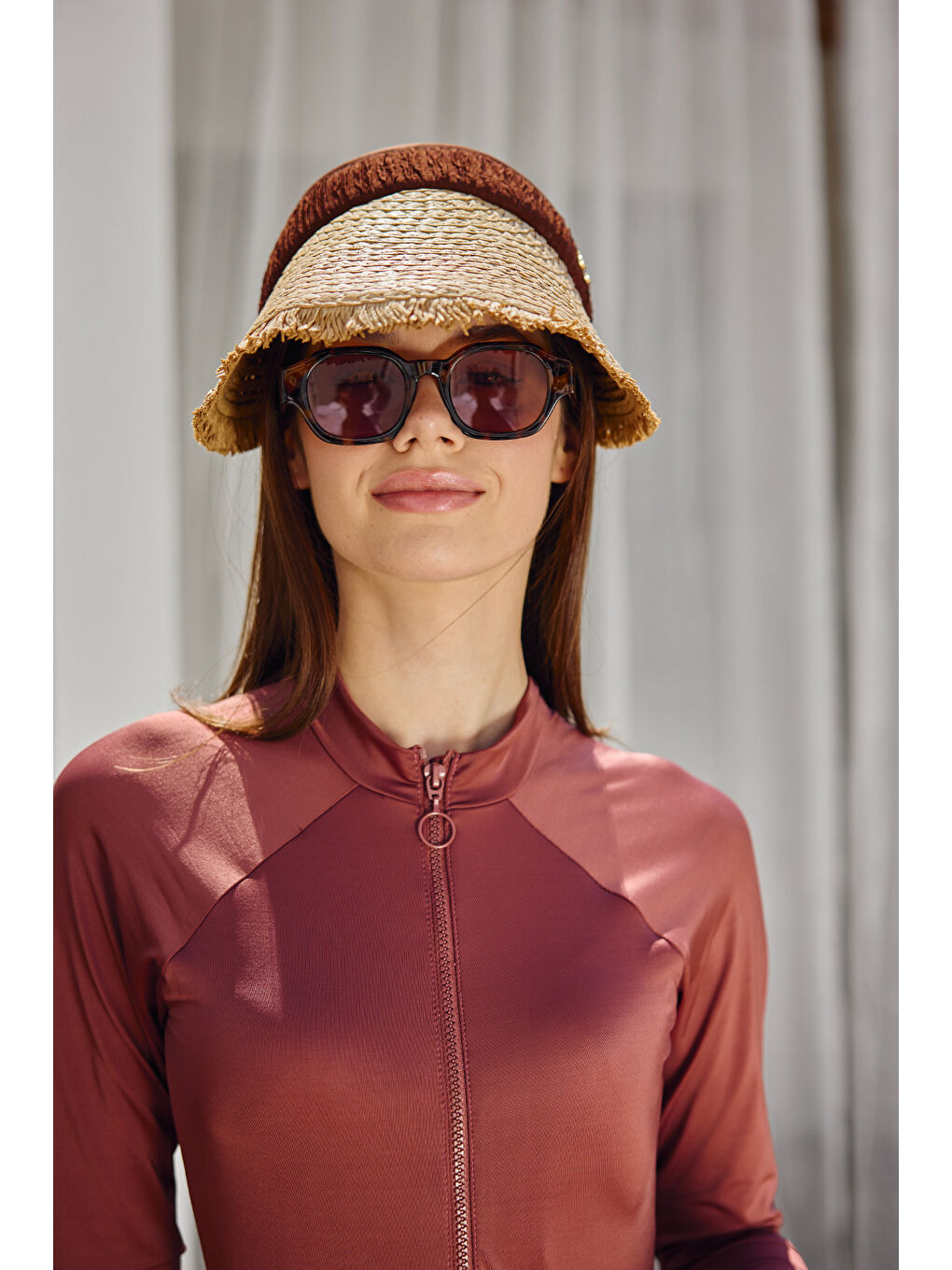 Saçak Detaylı Vizör Hasır Şapka Güneş Koruyucu Siperlik RŞ-2110 Kahverengi-4