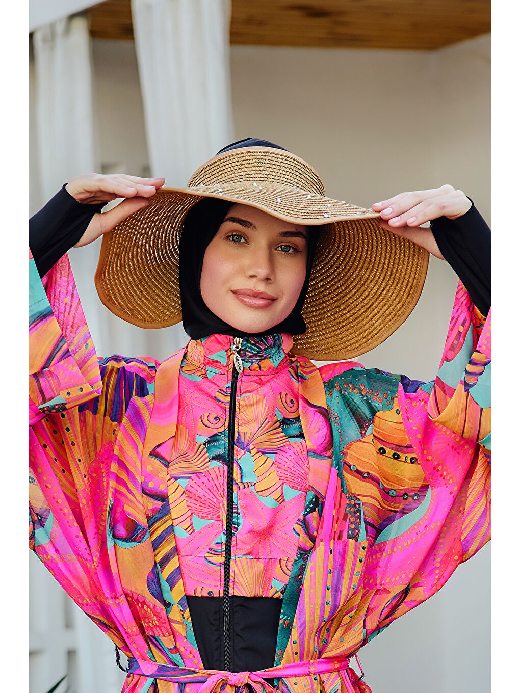 Kahverengi Taşlı Fiyonklu Katlanabilir Vizör Hasır Şapka Güneş Koruyucu Siperlik RŞ-2091 Camel01-1