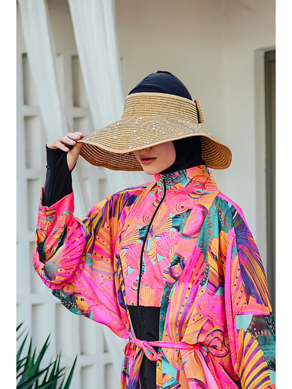 Kahverengi Taşlı Fiyonklu Katlanabilir Vizör Hasır Şapka Güneş Koruyucu Siperlik RŞ-2091 Camel01-2