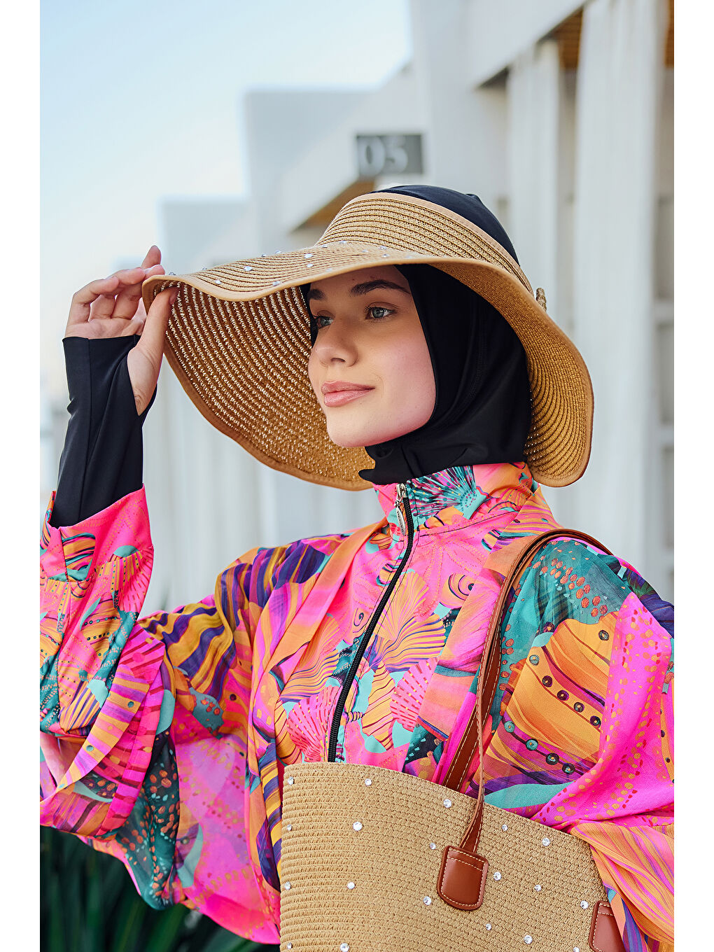 Kahverengi Taşlı Fiyonklu Katlanabilir Vizör Hasır Şapka Güneş Koruyucu Siperlik RŞ-2091 Camel01-3