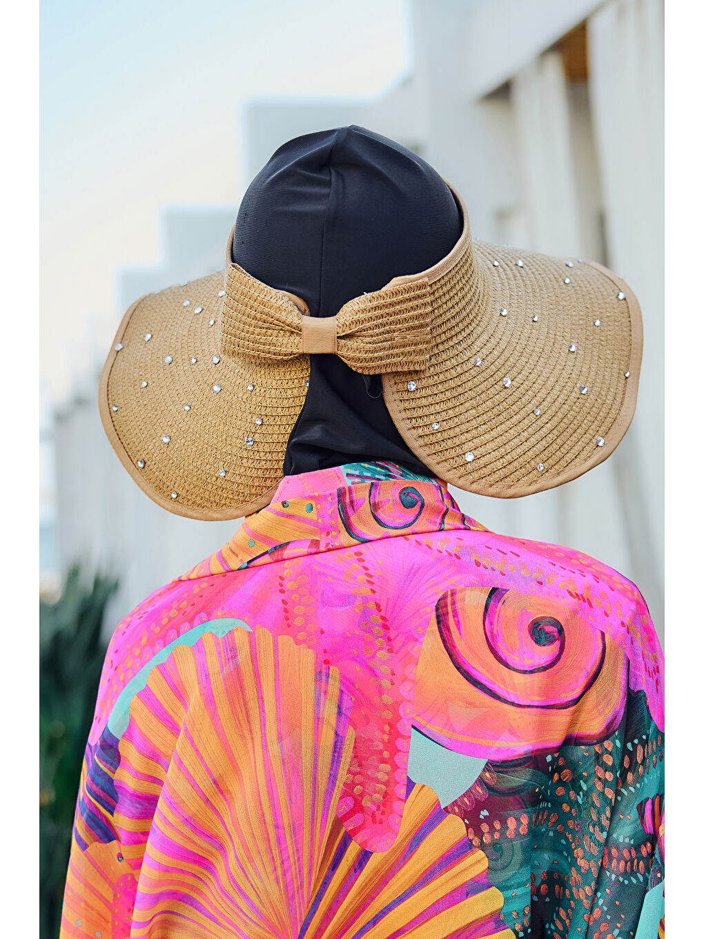 Kahverengi Taşlı Fiyonklu Katlanabilir Vizör Hasır Şapka Güneş Koruyucu Siperlik RŞ-2091 Camel01-4