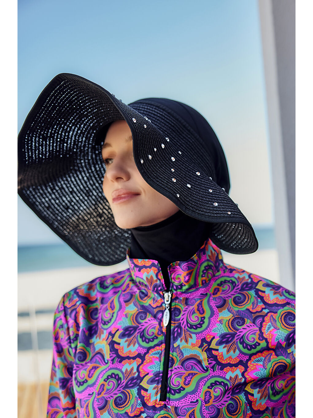 Taşlı Fiyonklu Katlanabilir Vizör Hasır Şapka Güneş Koruyucu Siperlik RŞ-2091 Siyah01