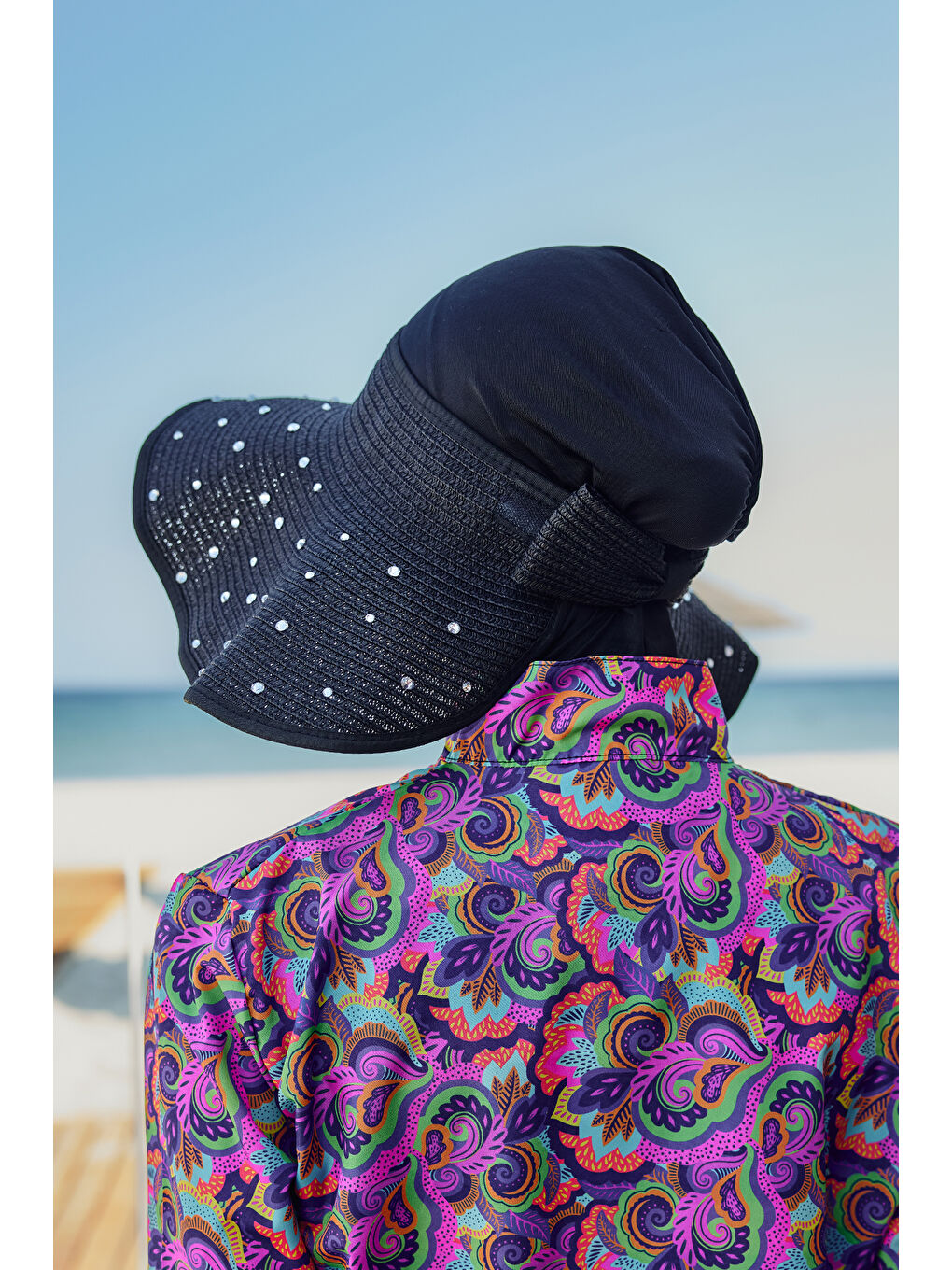 Taşlı Fiyonklu Katlanabilir Vizör Hasır Şapka Güneş Koruyucu Siperlik RŞ-2091 Siyah01-1