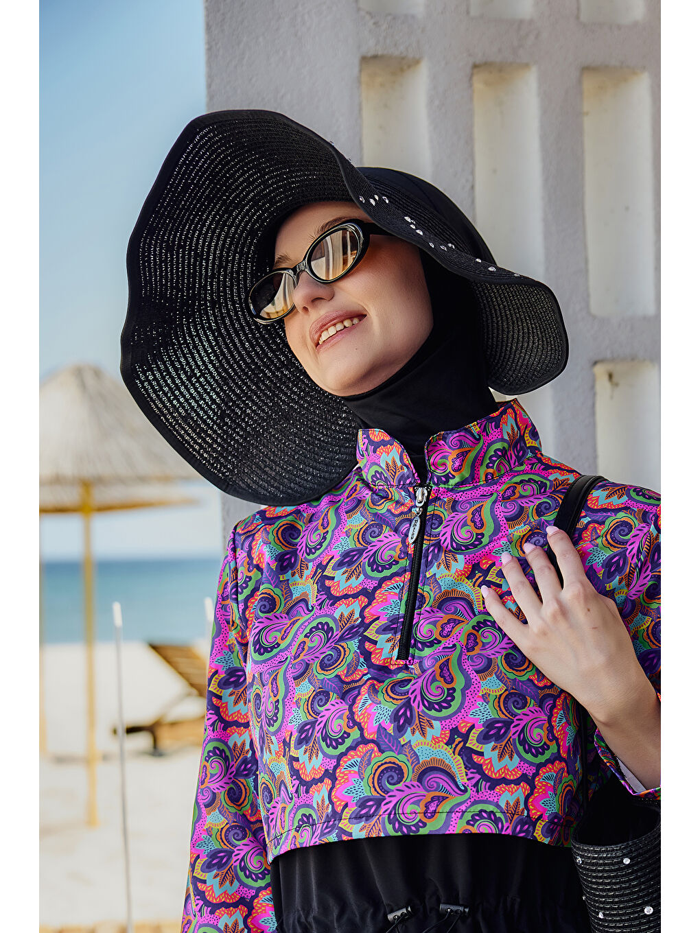 Taşlı Fiyonklu Katlanabilir Vizör Hasır Şapka Güneş Koruyucu Siperlik RŞ-2091 Siyah01-3