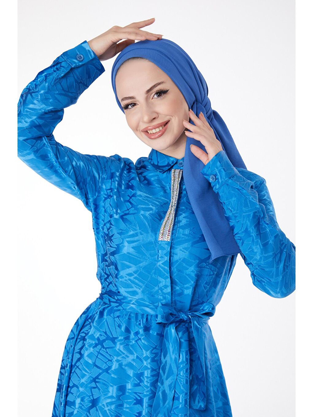 Düz Gömlek Yaka Kadın Mavi Taş Detaylı Abiye Elbise - 25191-1