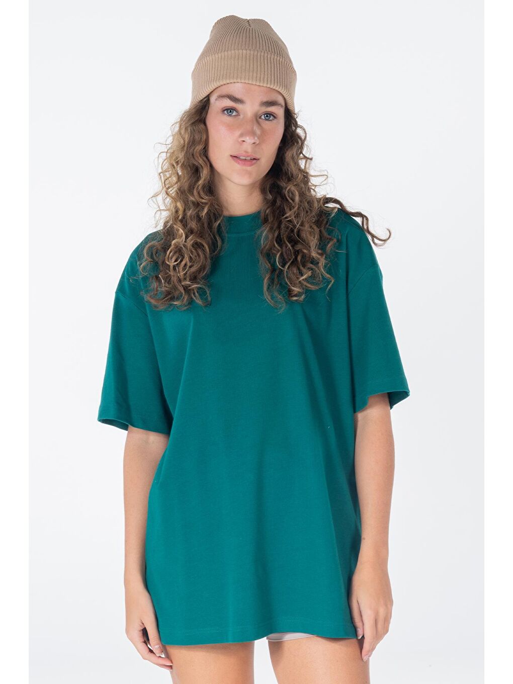 Agar Kadın Koyu Mavi %100 Koton Bisiklet Yaka Oversize Tişört-2