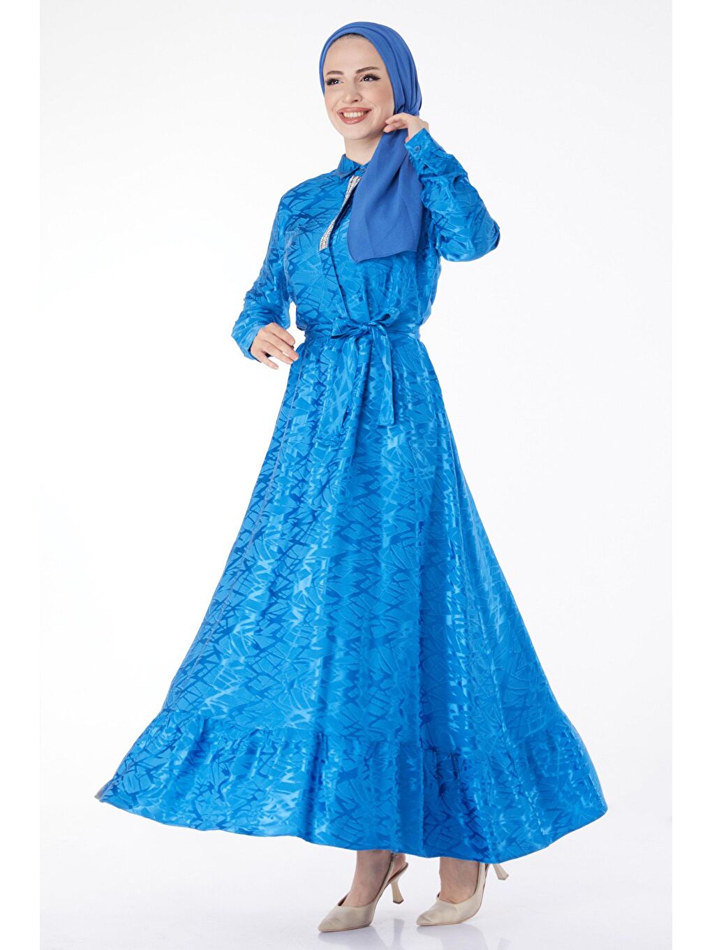 Düz Gömlek Yaka Kadın Mavi Taş Detaylı Abiye Elbise - 25191-2